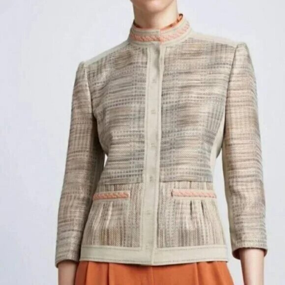 Button Up Orange Lined Blazer Suit Jacket Khaki/Cream/Orange Designer - Picture 1 of 9